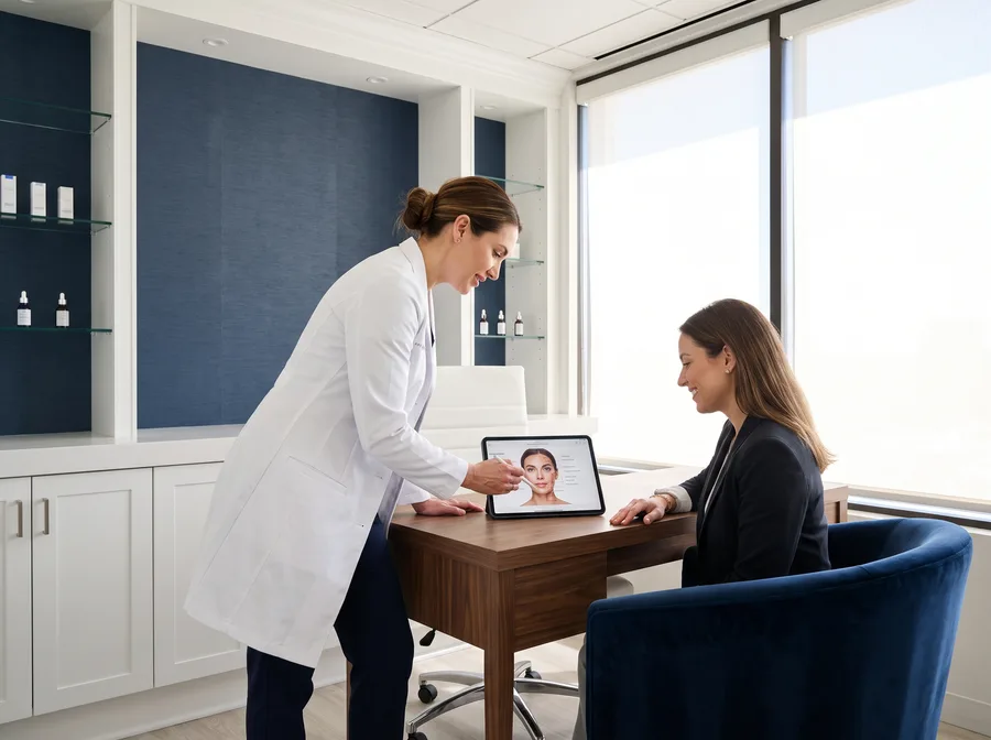 Aesthetic doctor consulting with a patient in a navy-accented office