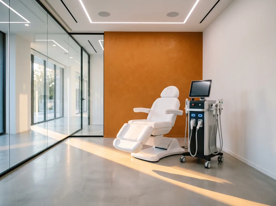 Modern med spa treatment room with warm terracotta feature wall