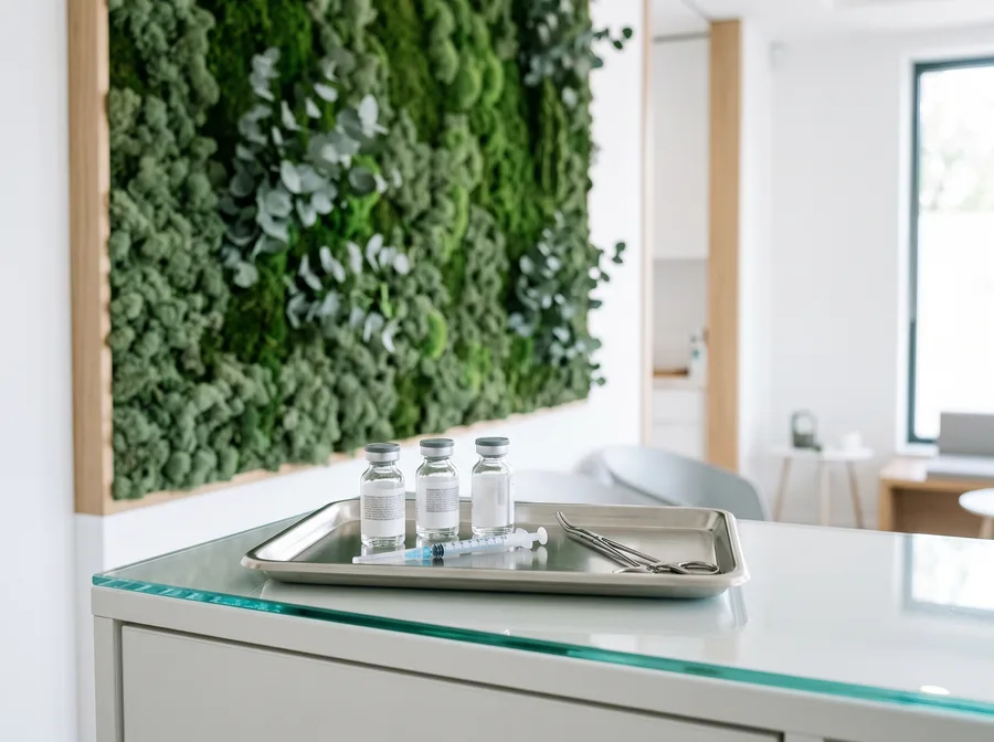 Injectable vials on a sterile tray against a green botanical wall