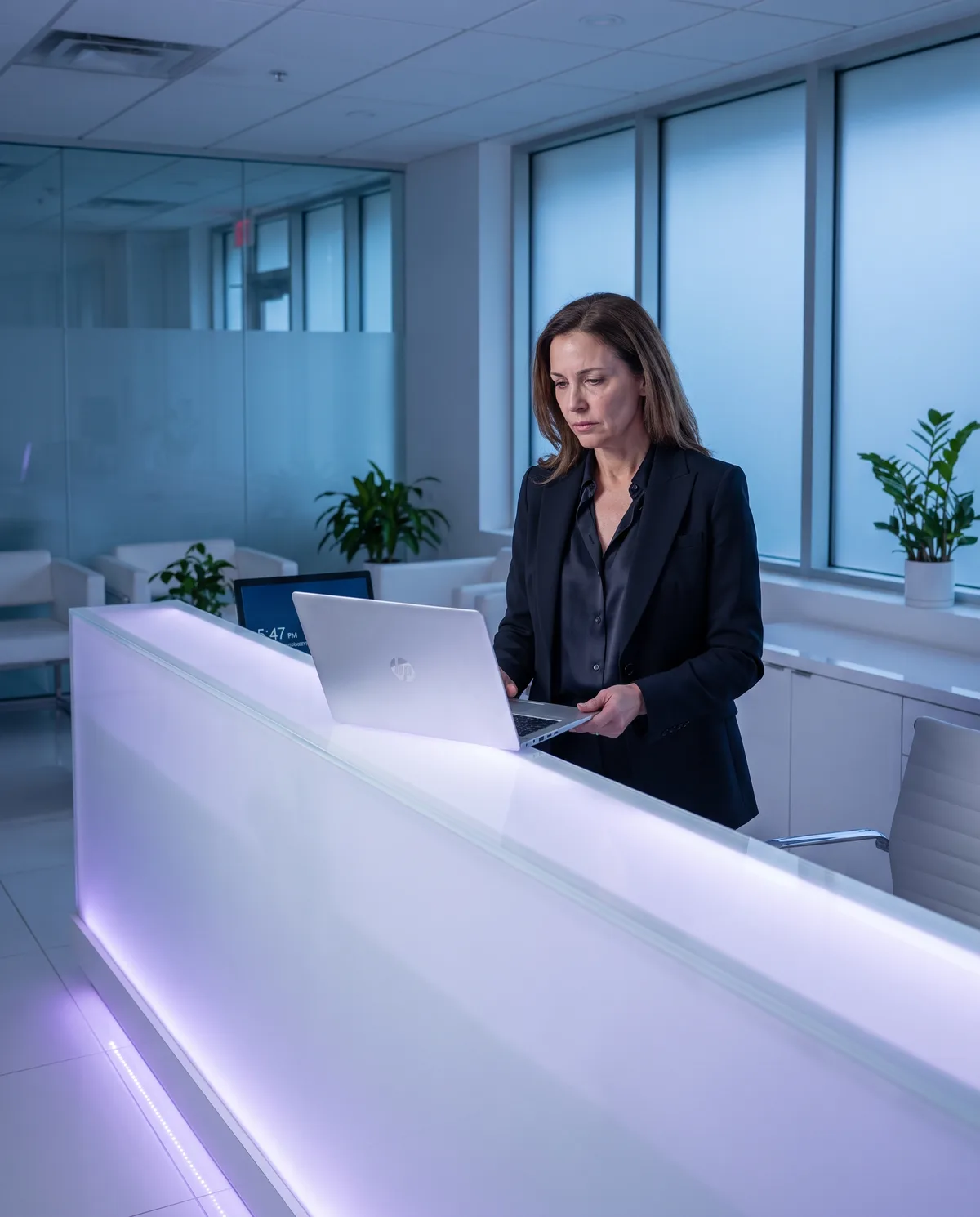 Med spa owner alone at her clinic reception reviewing her calendar after hours